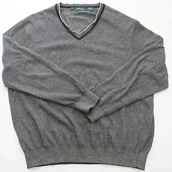 Bobby Jones Men's Medium Cashmere Blend Black White Striped V-Neck Sweater - Picture 1 of 9